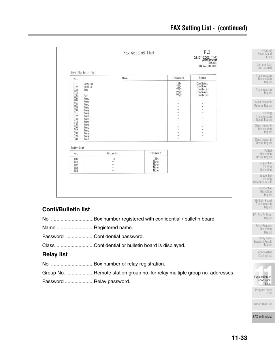 Fax setting list - (continued), Confi/bulletin list, Relay list | Konica Minolta FK-102 User Manual | Page 307 / 329