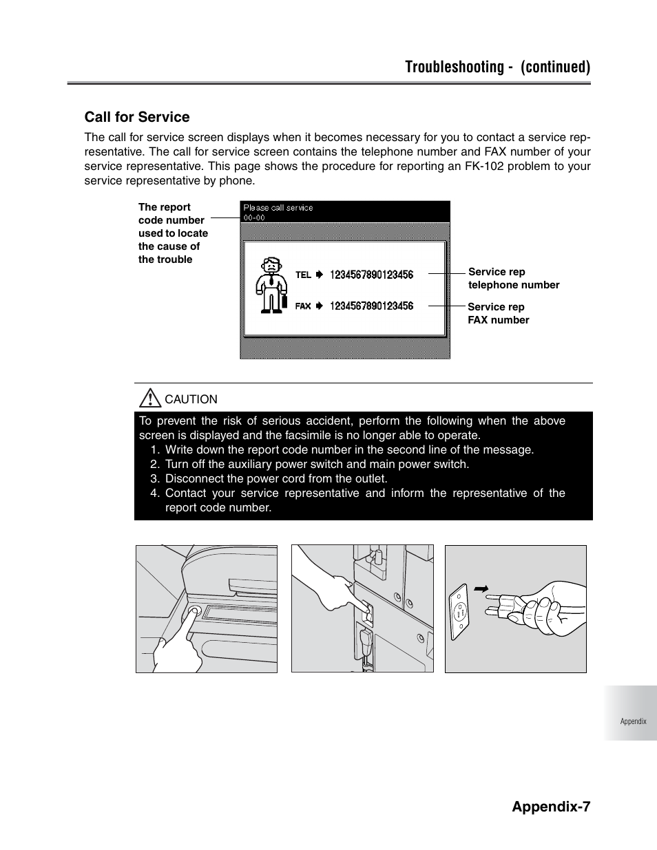 Troubleshooting - (continued), Appendix-7, Call for service | Konica Minolta FK-102 User Manual | Page 315 / 329