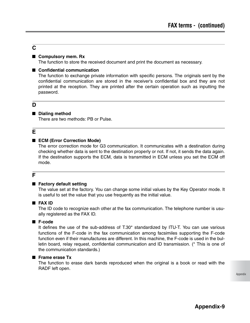 Fax terms - (continued) | Konica Minolta FK-102 User Manual | Page 317 / 329