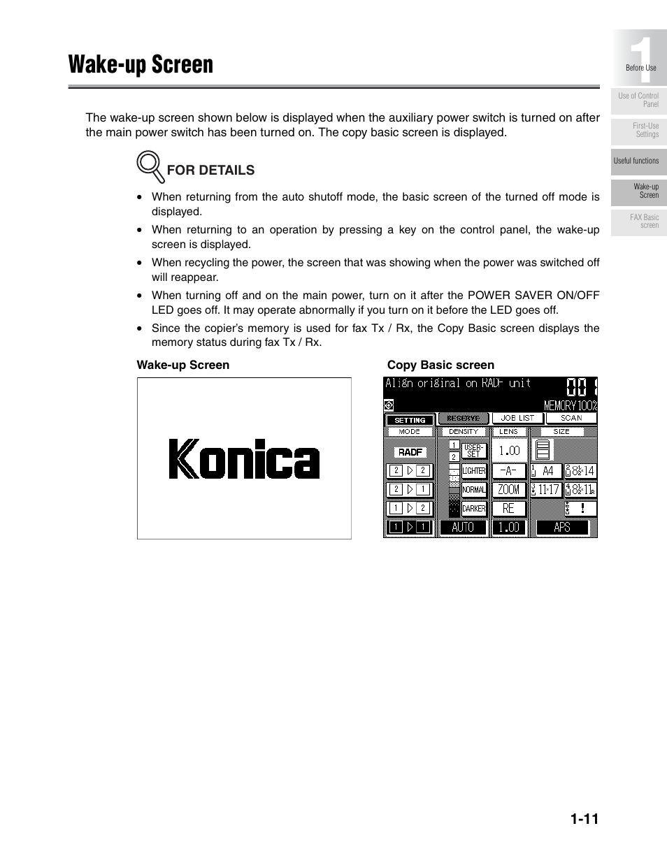 Wake-up screen | Konica Minolta FK-102 User Manual | Page 36 / 329