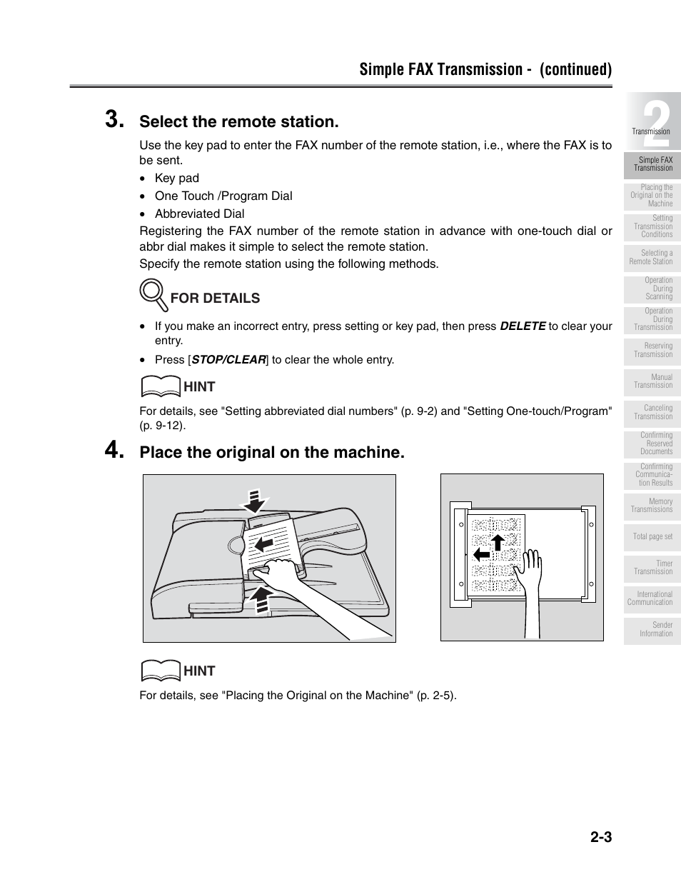 Simple fax transmission - (continued), Select the remote station, Place the original on the machine | Konica Minolta FK-102 User Manual | Page 41 / 329