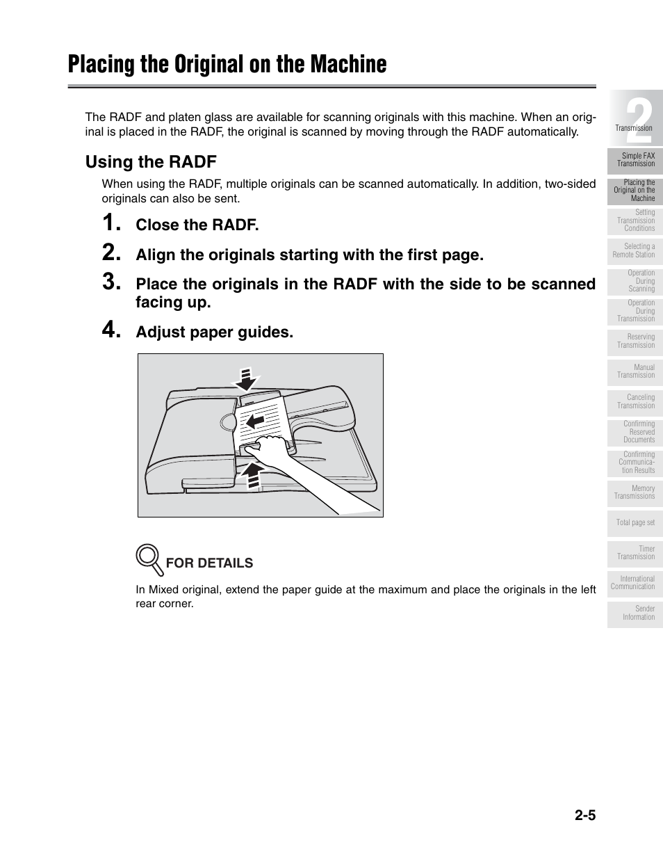 Placing the original on the machine, Using the radf, Close the radf | Align the originals starting with the first page, Adjust paper guides | Konica Minolta FK-102 User Manual | Page 43 / 329