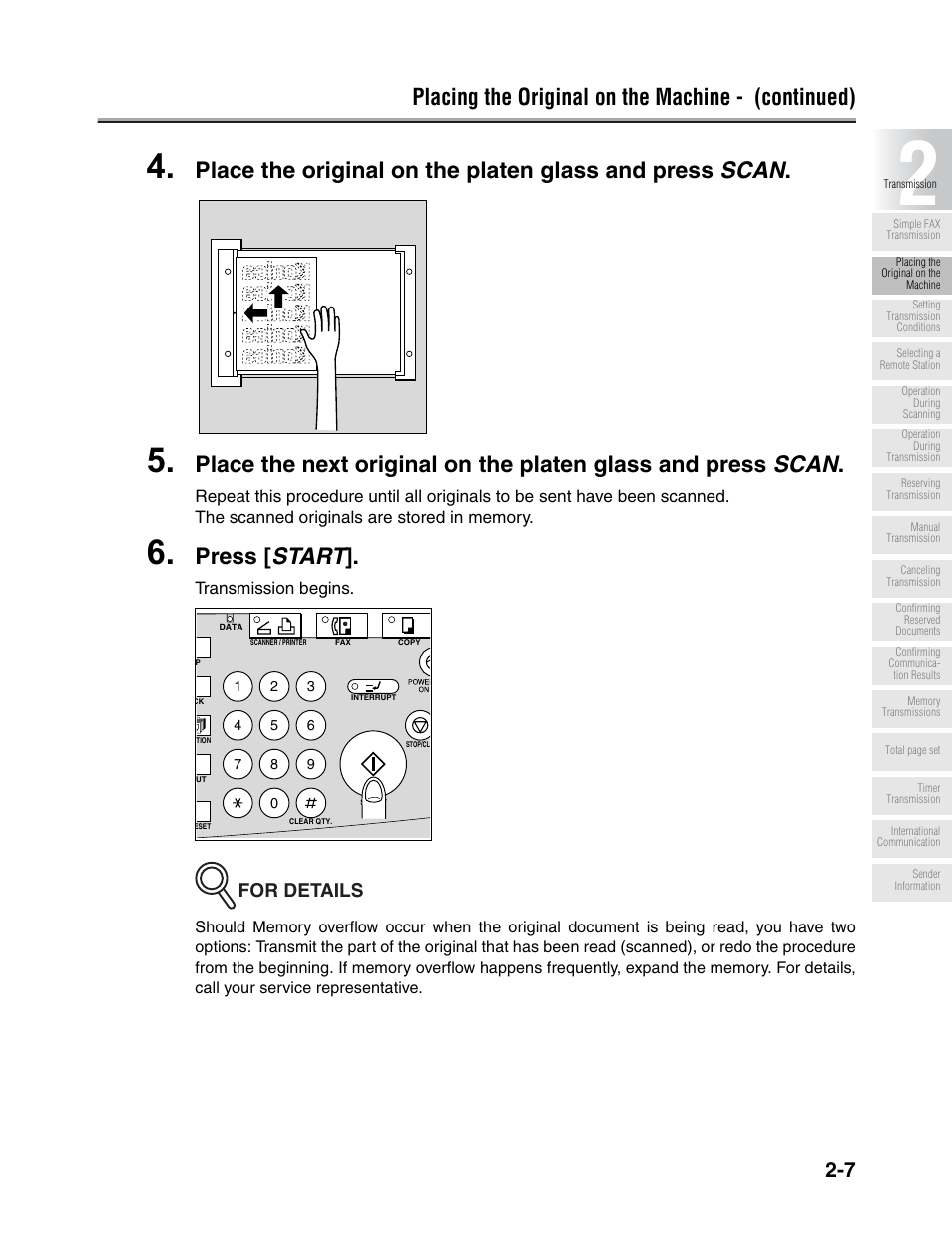 Placing the original on the machine - (continued), Press [ start, For details | Konica Minolta FK-102 User Manual | Page 45 / 329