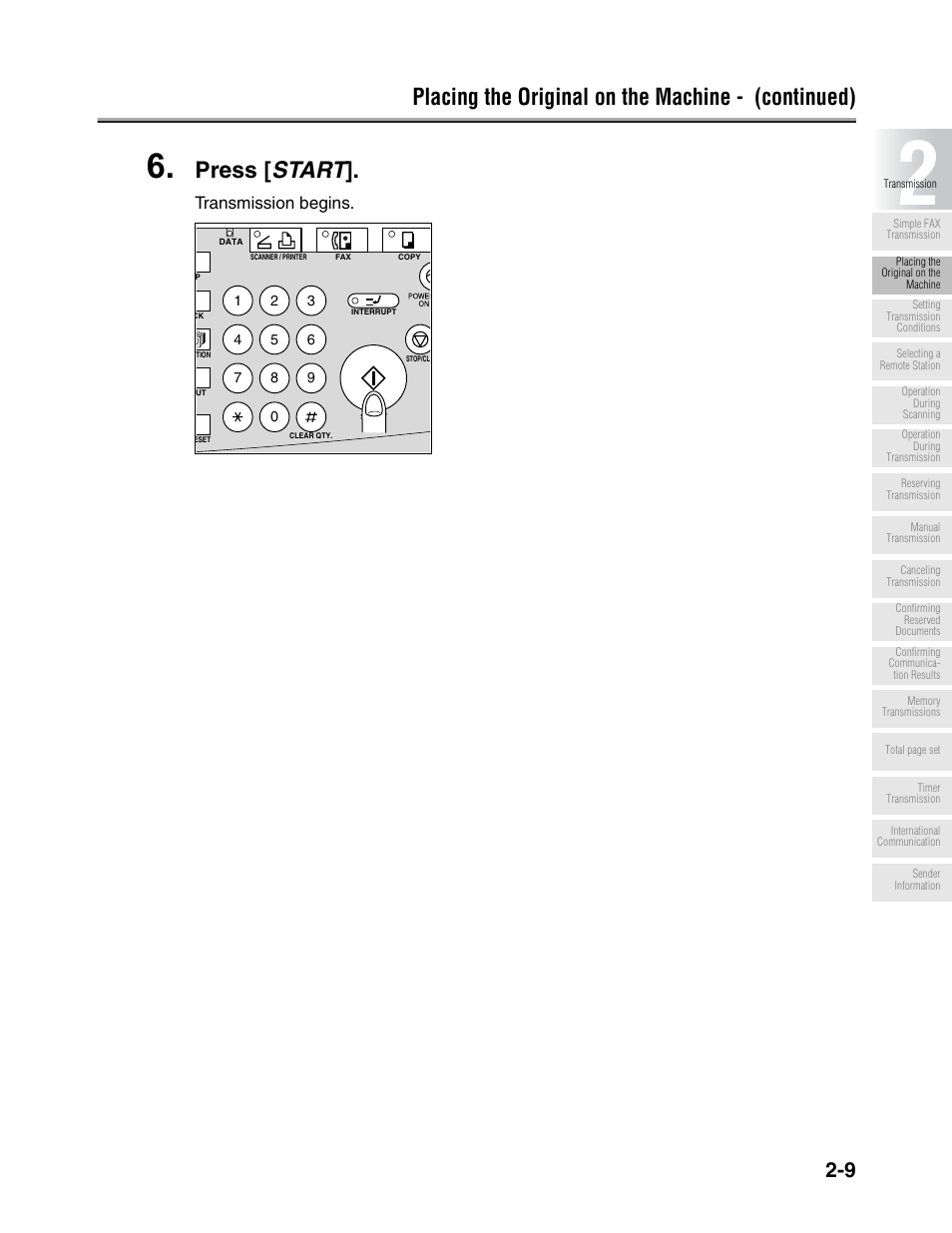 Placing the original on the machine - (continued), Press [ start | Konica Minolta FK-102 User Manual | Page 47 / 329