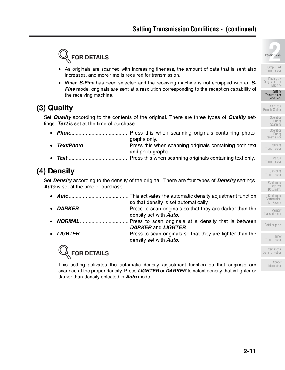 3) quality, 4) density, Setting transmission conditions - (continued) | Konica Minolta FK-102 User Manual | Page 49 / 329