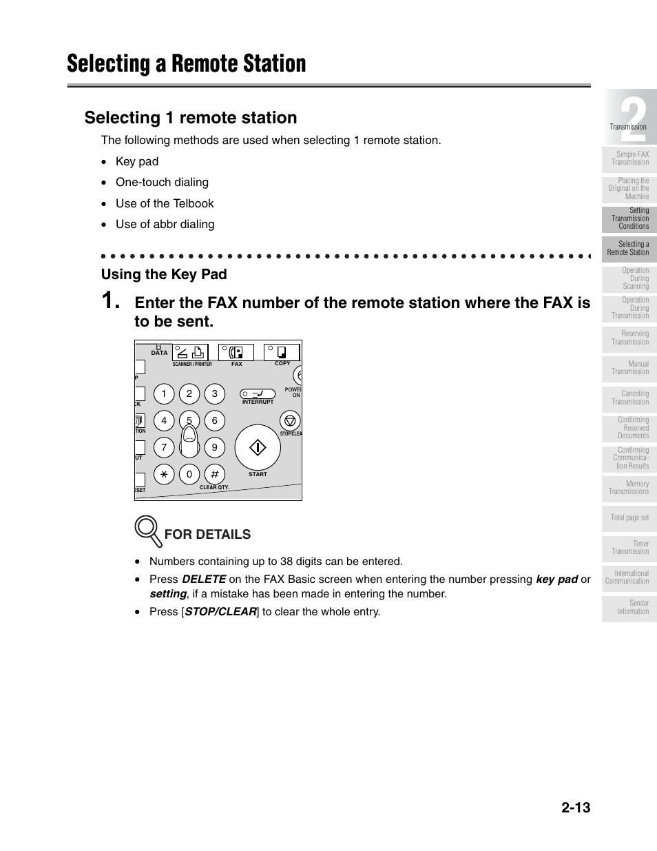 Selecting a remote station, Selecting 1 remote station, Using the key pad | For details | Konica Minolta FK-102 User Manual | Page 51 / 329