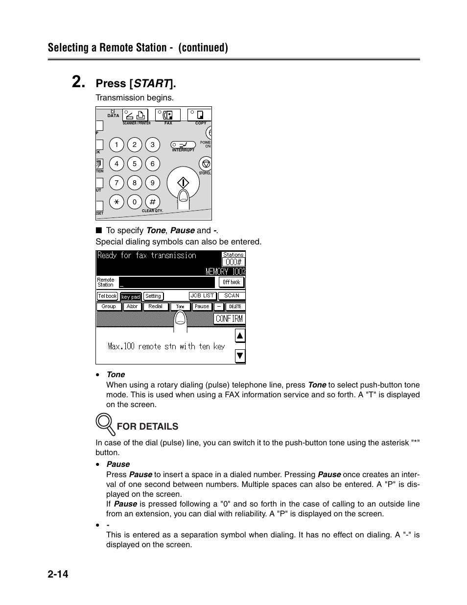 Selecting a remote station - (continued), Press [ start, For details | Konica Minolta FK-102 User Manual | Page 52 / 329