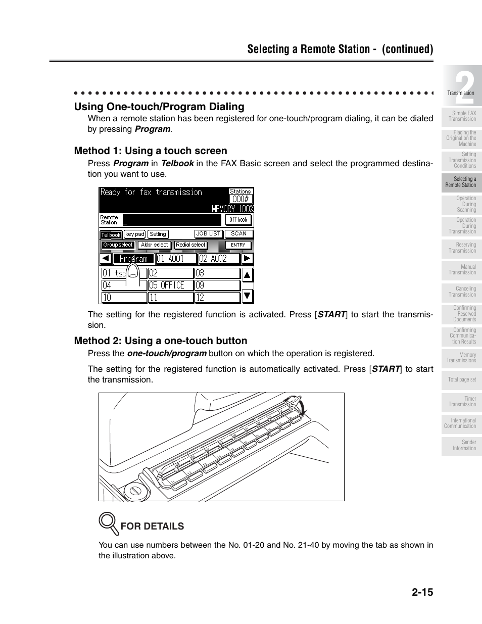 Selecting a remote station - (continued), Using one-touch/program dialing, Method 1: using a touch screen | Method 2: using a one-touch button | Konica Minolta FK-102 User Manual | Page 53 / 329