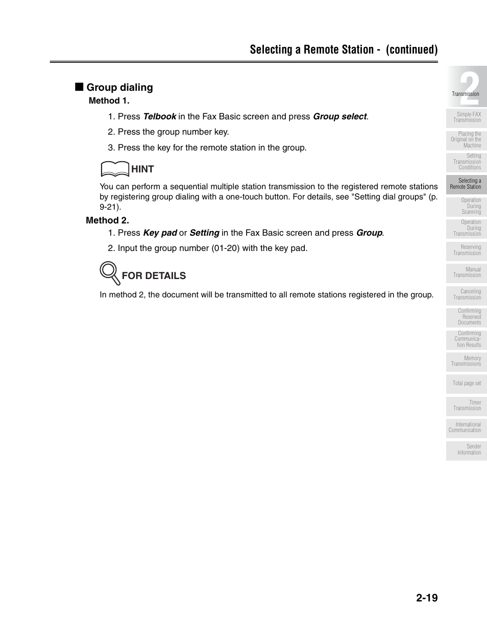 Selecting a remote station - (continued), Group dialing | Konica Minolta FK-102 User Manual | Page 57 / 329