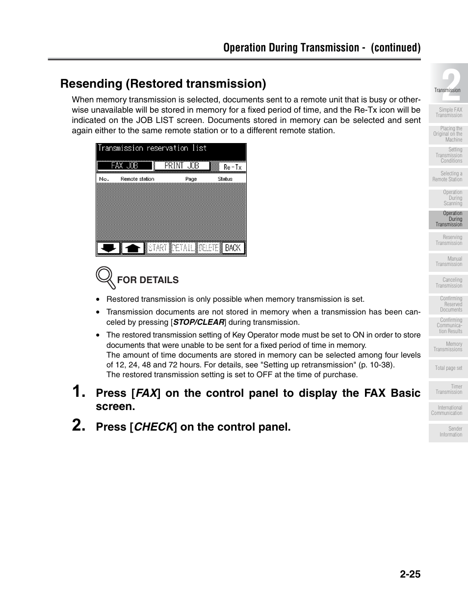 Resending (restored transmission), Operation during transmission - (continued), Press [ check ] on the control panel | Konica Minolta FK-102 User Manual | Page 63 / 329