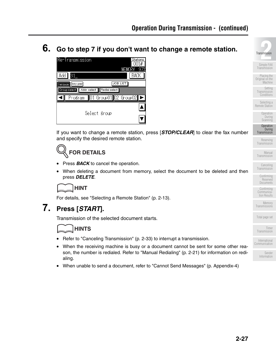 Operation during transmission - (continued), Press [ start | Konica Minolta FK-102 User Manual | Page 65 / 329