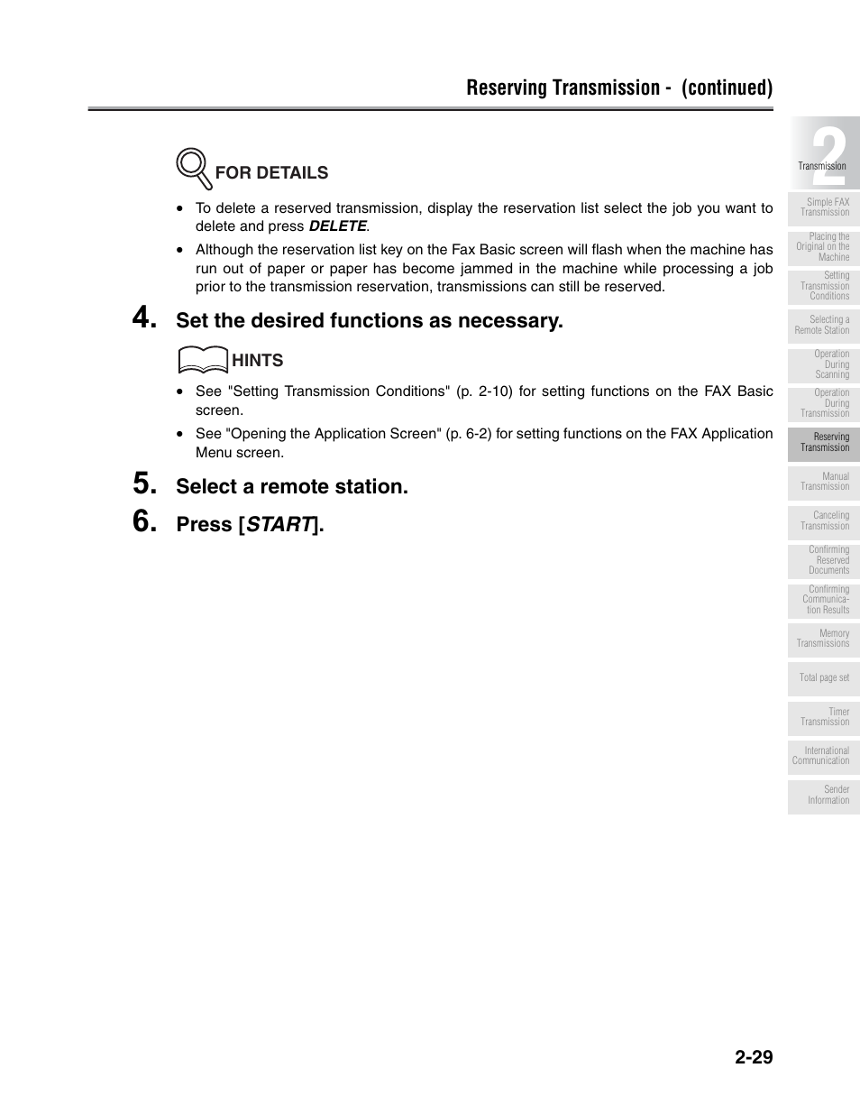 Reserving transmission - (continued), Set the desired functions as necessary, Select a remote station | Press [ start | Konica Minolta FK-102 User Manual | Page 67 / 329