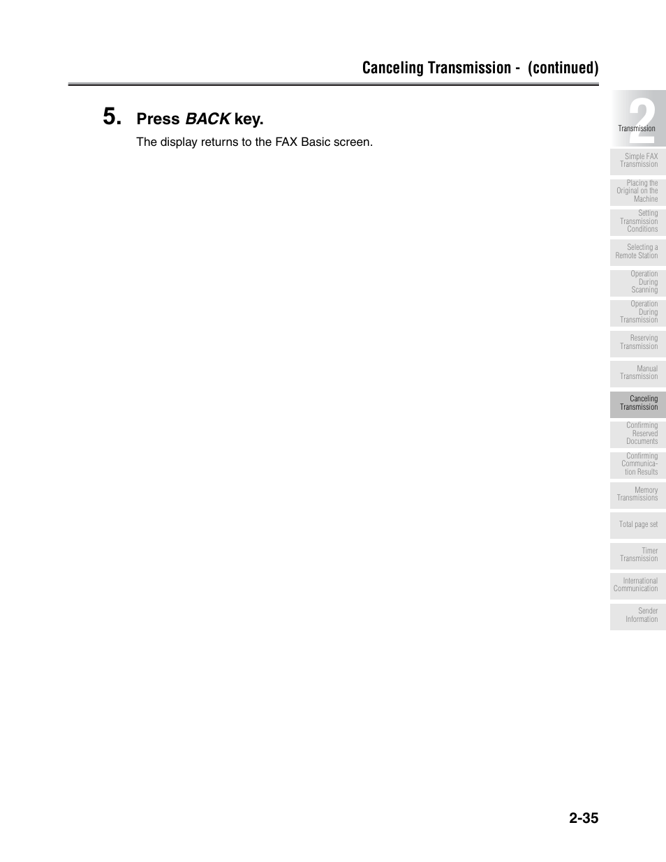 Canceling transmission - (continued), Press back key | Konica Minolta FK-102 User Manual | Page 73 / 329