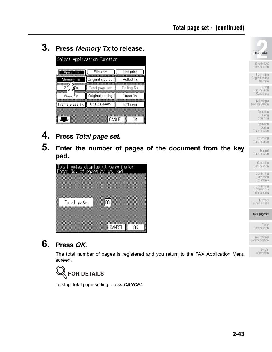 Total page set - (continued), Press total page set, Press ok | Konica Minolta FK-102 User Manual | Page 81 / 329