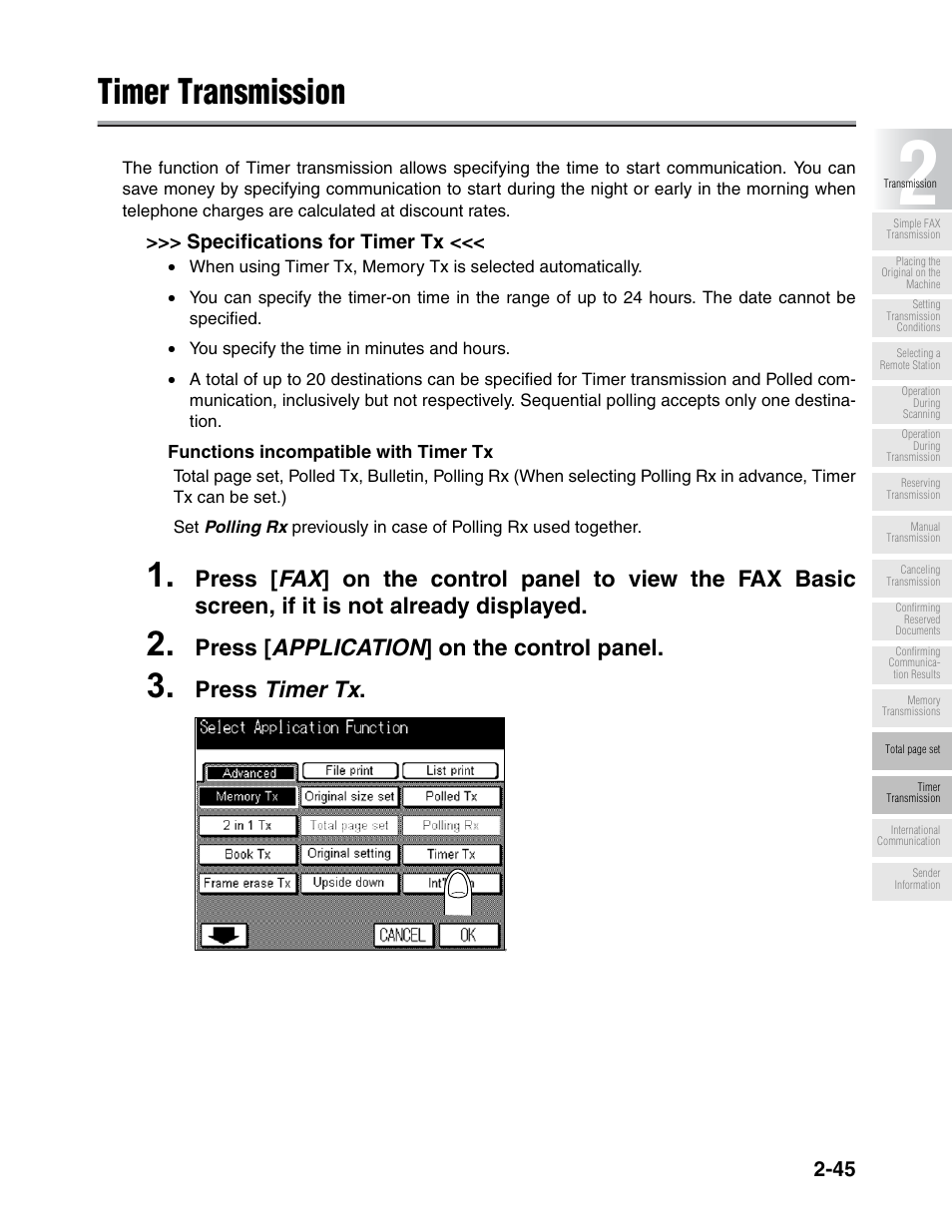 Timer transmission, Press [ application ] on the control panel, Press timer tx | Konica Minolta FK-102 User Manual | Page 83 / 329