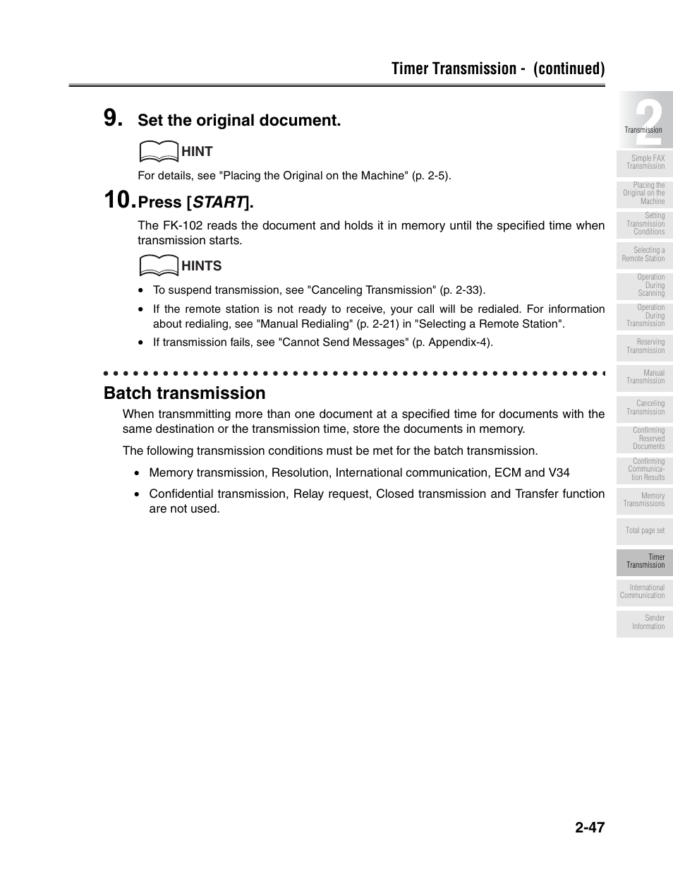 Batch transmission, Timer transmission - (continued), Set the original document | Press [ start | Konica Minolta FK-102 User Manual | Page 85 / 329