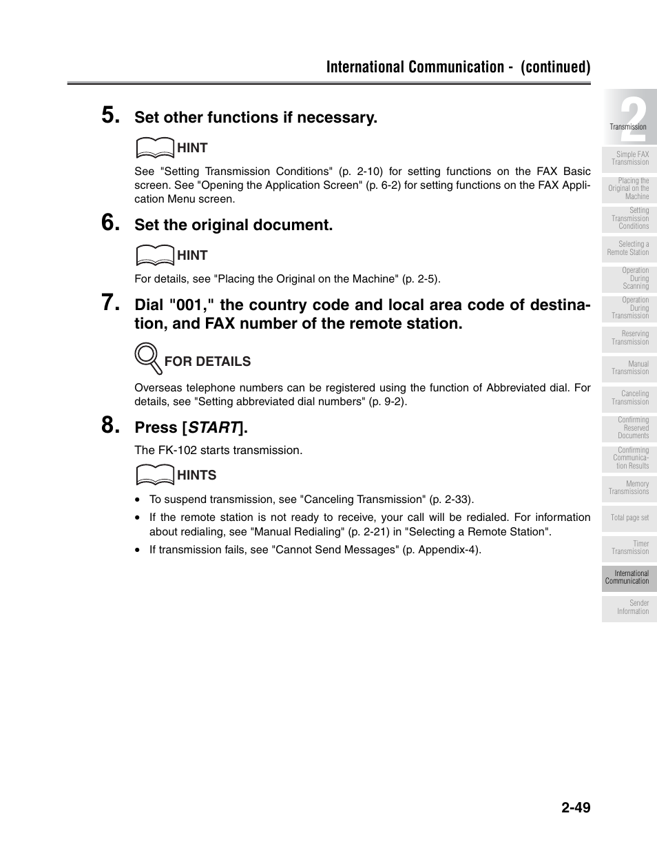 International communication - (continued), Set other functions if necessary, Set the original document | Press [ start | Konica Minolta FK-102 User Manual | Page 87 / 329