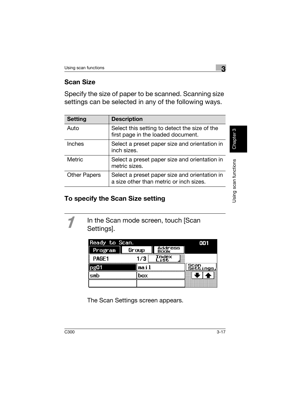 Scan size, To specify the scan size setting, Scan size -17 to specify the scan size setting -17 | Konica Minolta bizhub C300 User Manual | Page 102 / 160