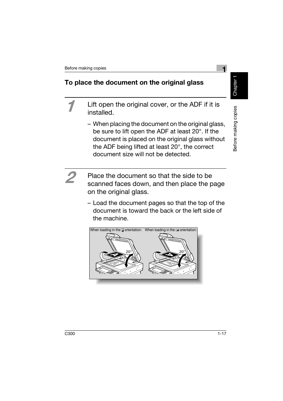 To place the document on the original glass, To place the document on the original glass -17 | Konica Minolta bizhub C300 User Manual | Page 26 / 160