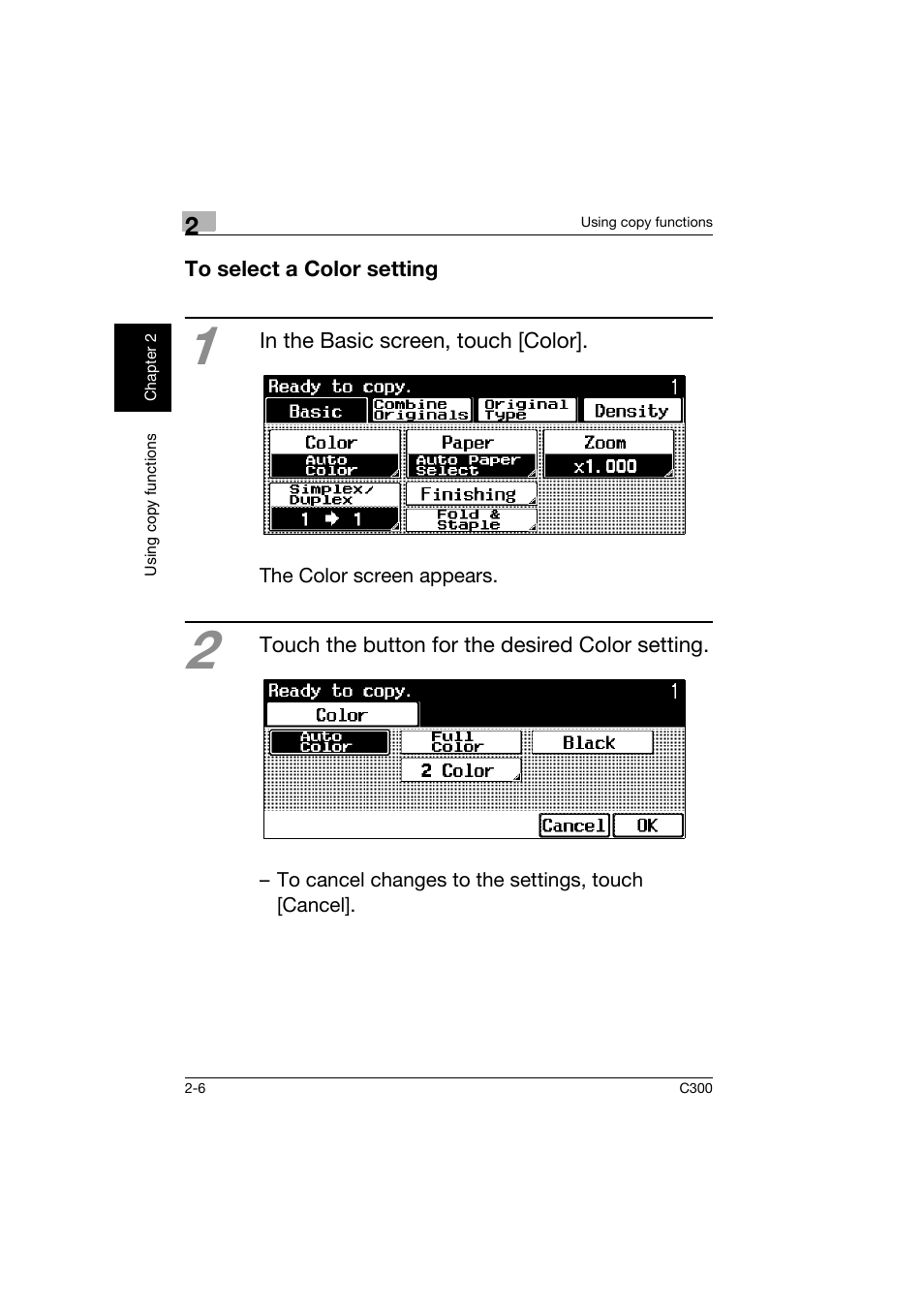 To select a color setting, To select a color setting -6 | Konica Minolta bizhub C300 User Manual | Page 43 / 160