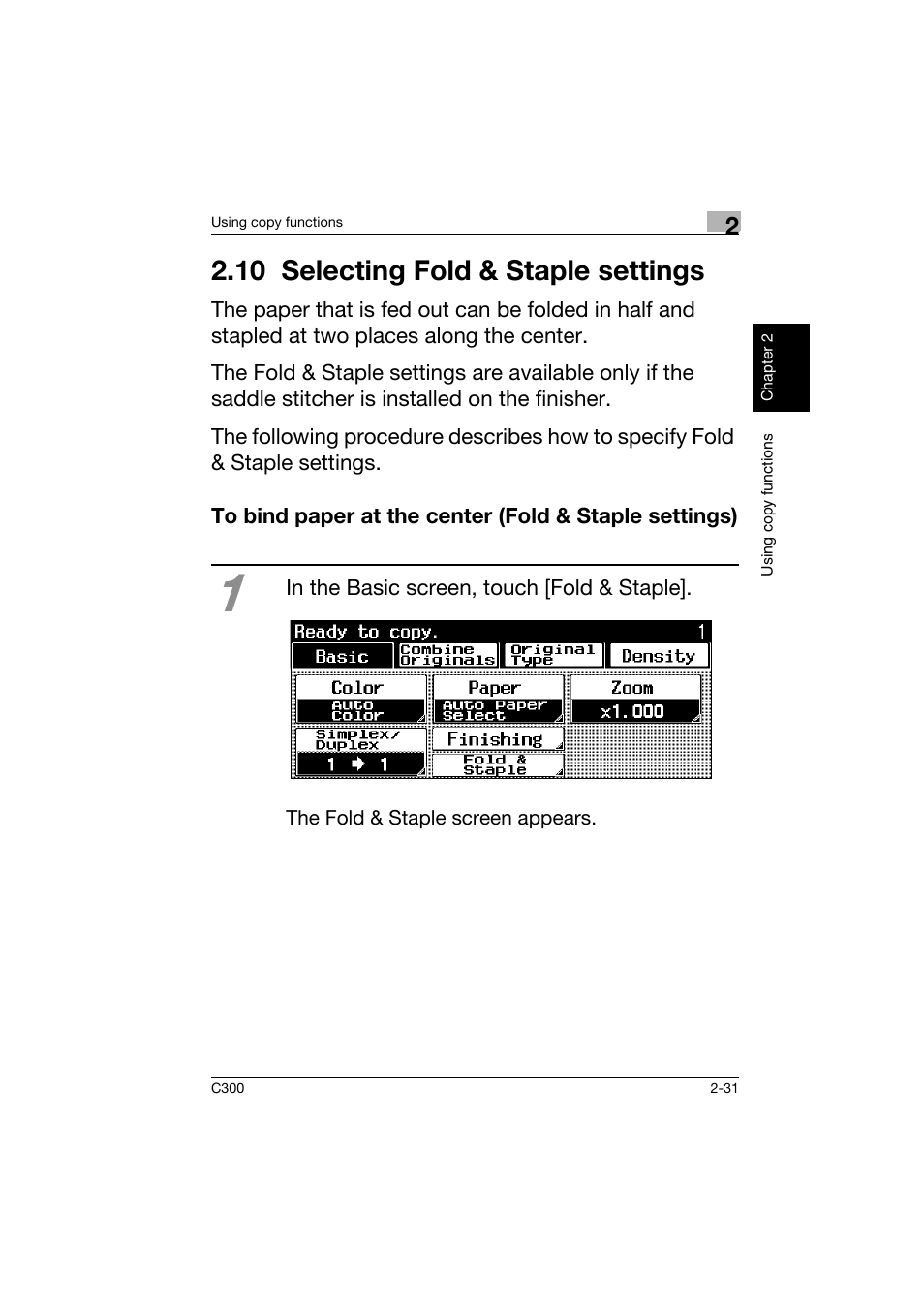 10 selecting fold & staple settings, 10selecting fold & staple settings -31 | Konica Minolta bizhub C300 User Manual | Page 68 / 160