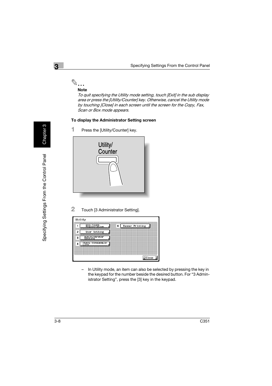 To display the administrator setting screen, To display the administrator setting screen -8, Utility/ counter | Konica Minolta BIZHUB C351 User Manual | Page 119 / 396