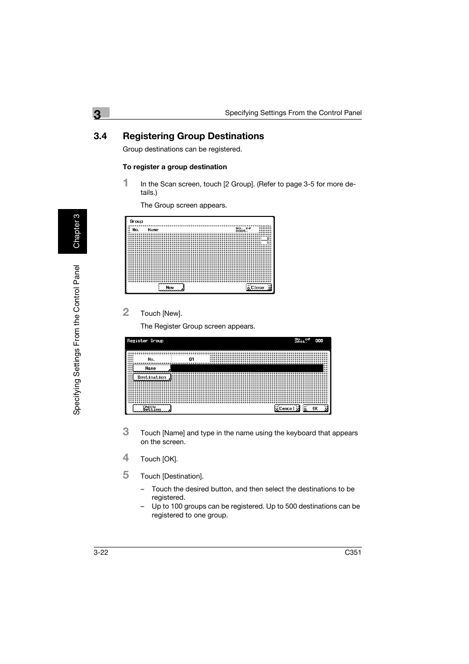 4 registering group destinations, To register a group destination, Registering group destinations -22 | To register a group destination -22 | Konica Minolta BIZHUB C351 User Manual | Page 133 / 396