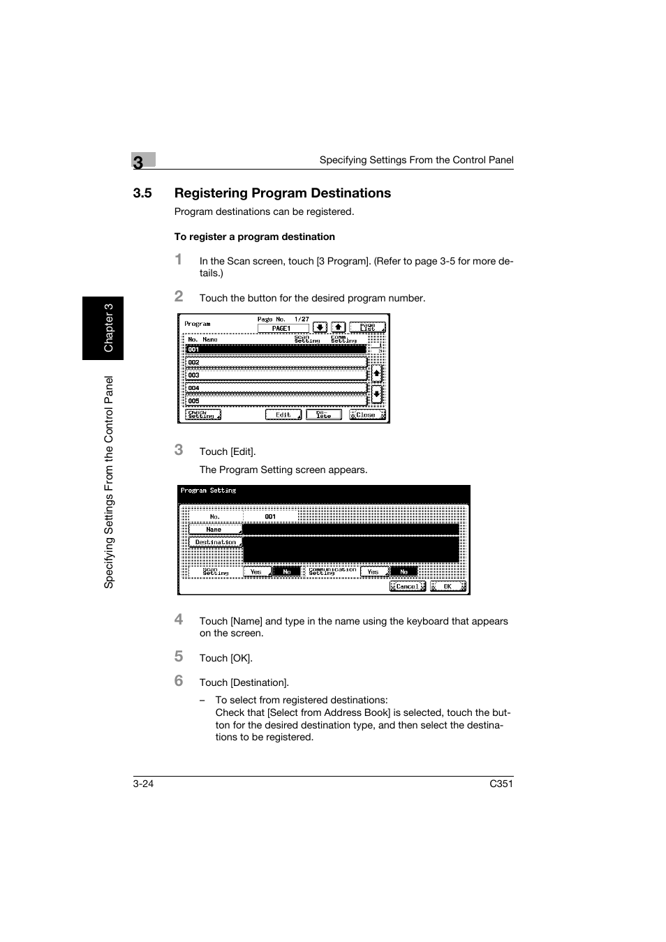 5 registering program destinations, To register a program destination, Registering program destinations -24 | To register a program destination -24 | Konica Minolta BIZHUB C351 User Manual | Page 135 / 396