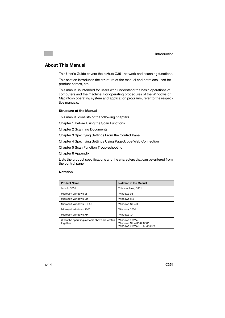 About this manual, Structure of the manual, Notation | Konica Minolta BIZHUB C351 User Manual | Page 15 / 396