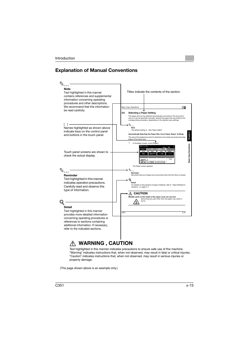 Explanation of manual conventions, Warning , caution | Konica Minolta BIZHUB C351 User Manual | Page 16 / 396