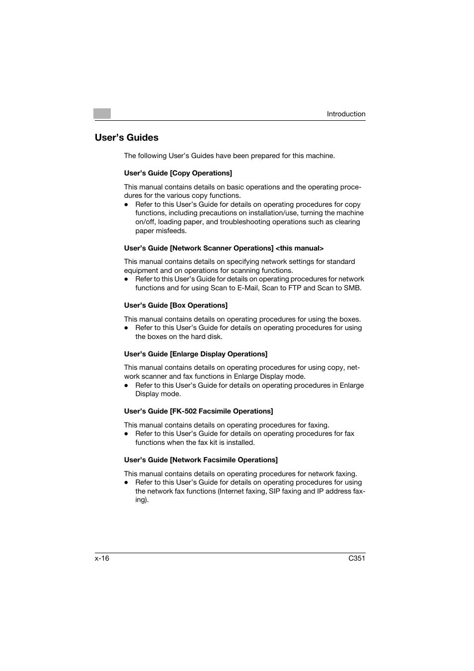 User’s guides, User’s guide [copy operations, User’s guide [box operations | User’s guide [enlarge display operations, User’s guide [fk-502 facsimile operations, User’s guide [network facsimile operations | Konica Minolta BIZHUB C351 User Manual | Page 17 / 396