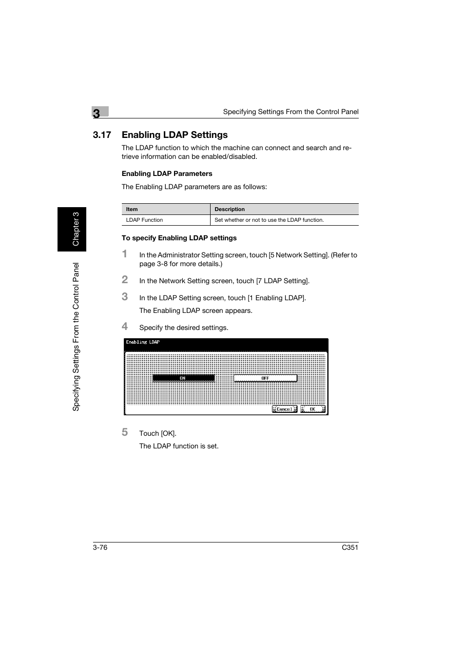 17 enabling ldap settings, Enabling ldap parameters, To specify enabling ldap settings | Enabling ldap settings -76 | Konica Minolta BIZHUB C351 User Manual | Page 187 / 396