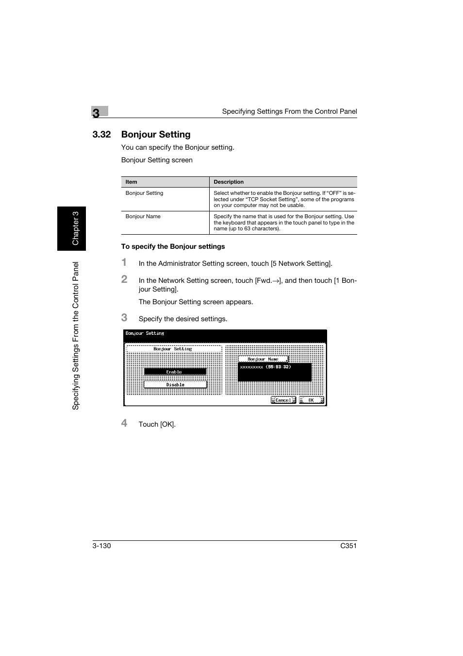 32 bonjour setting, To specify the bonjour settings, Bonjour setting -130 | To specify the bonjour settings -130 | Konica Minolta BIZHUB C351 User Manual | Page 241 / 396