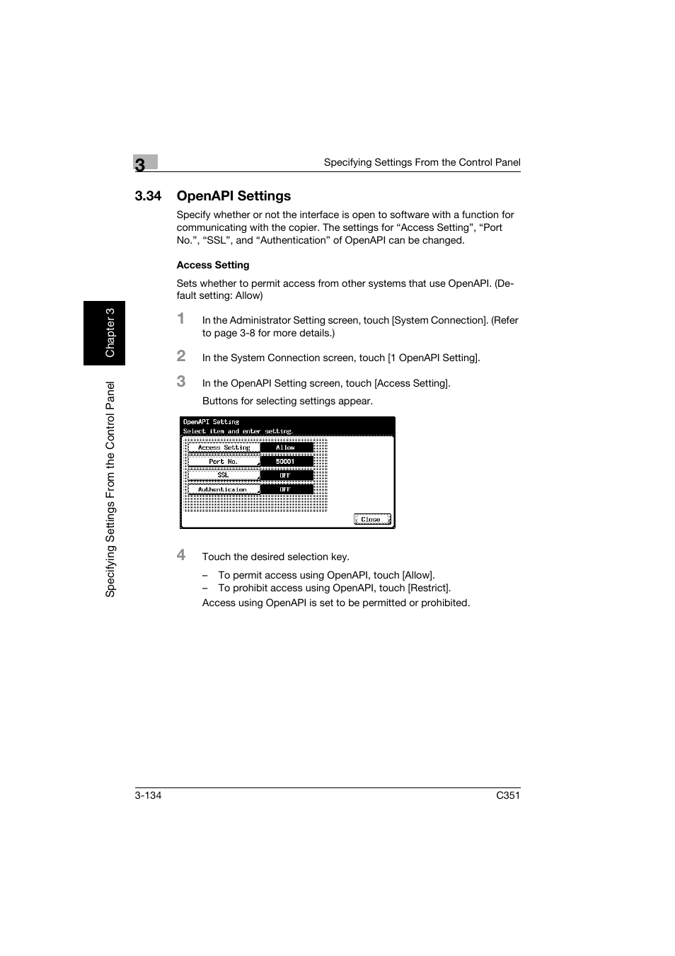 34 openapi settings, Access setting, Openapi settings -134 | Access setting -134 | Konica Minolta BIZHUB C351 User Manual | Page 245 / 396
