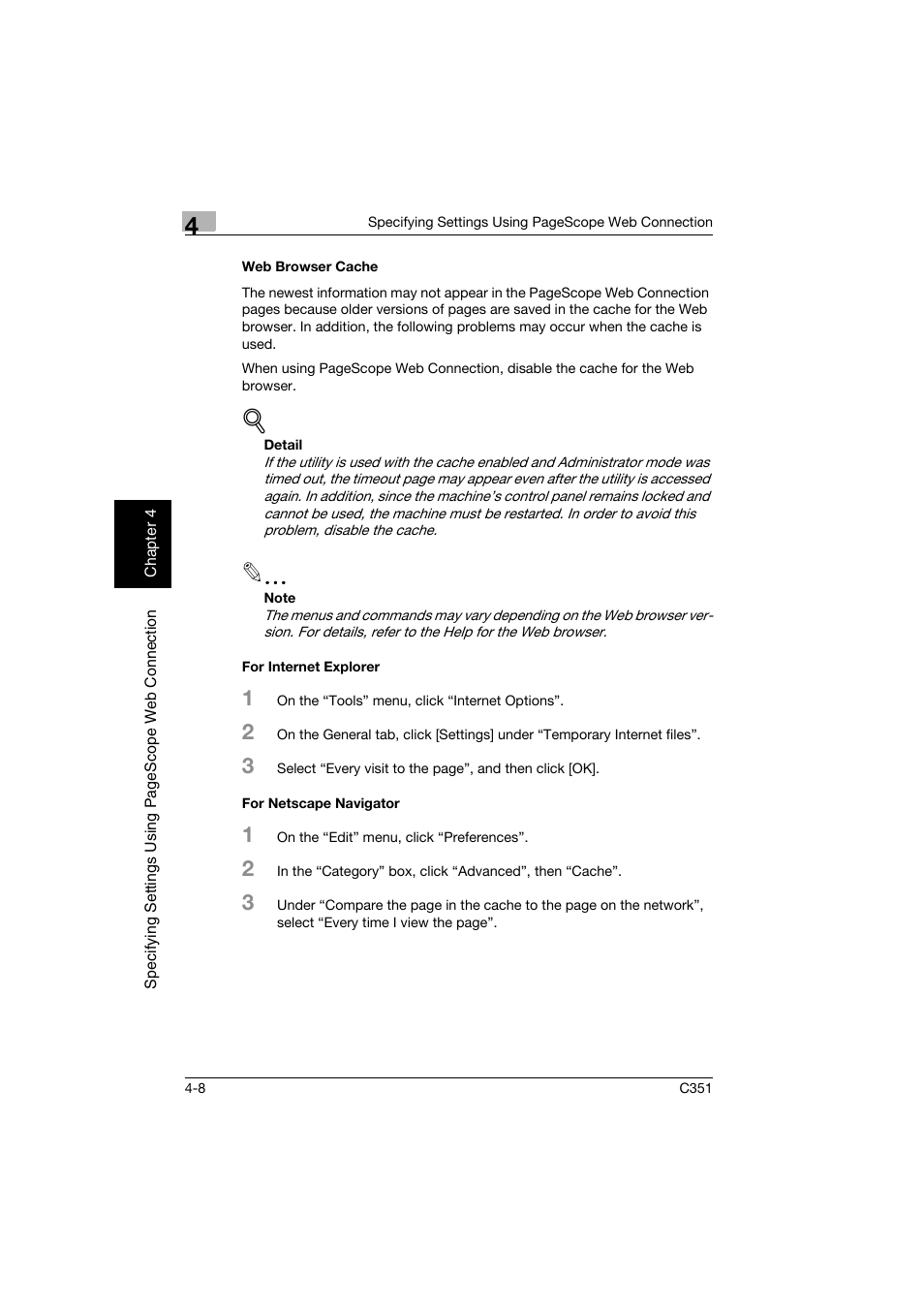 Web browser cache, For internet explorer, For netscape navigator | Konica Minolta BIZHUB C351 User Manual | Page 267 / 396