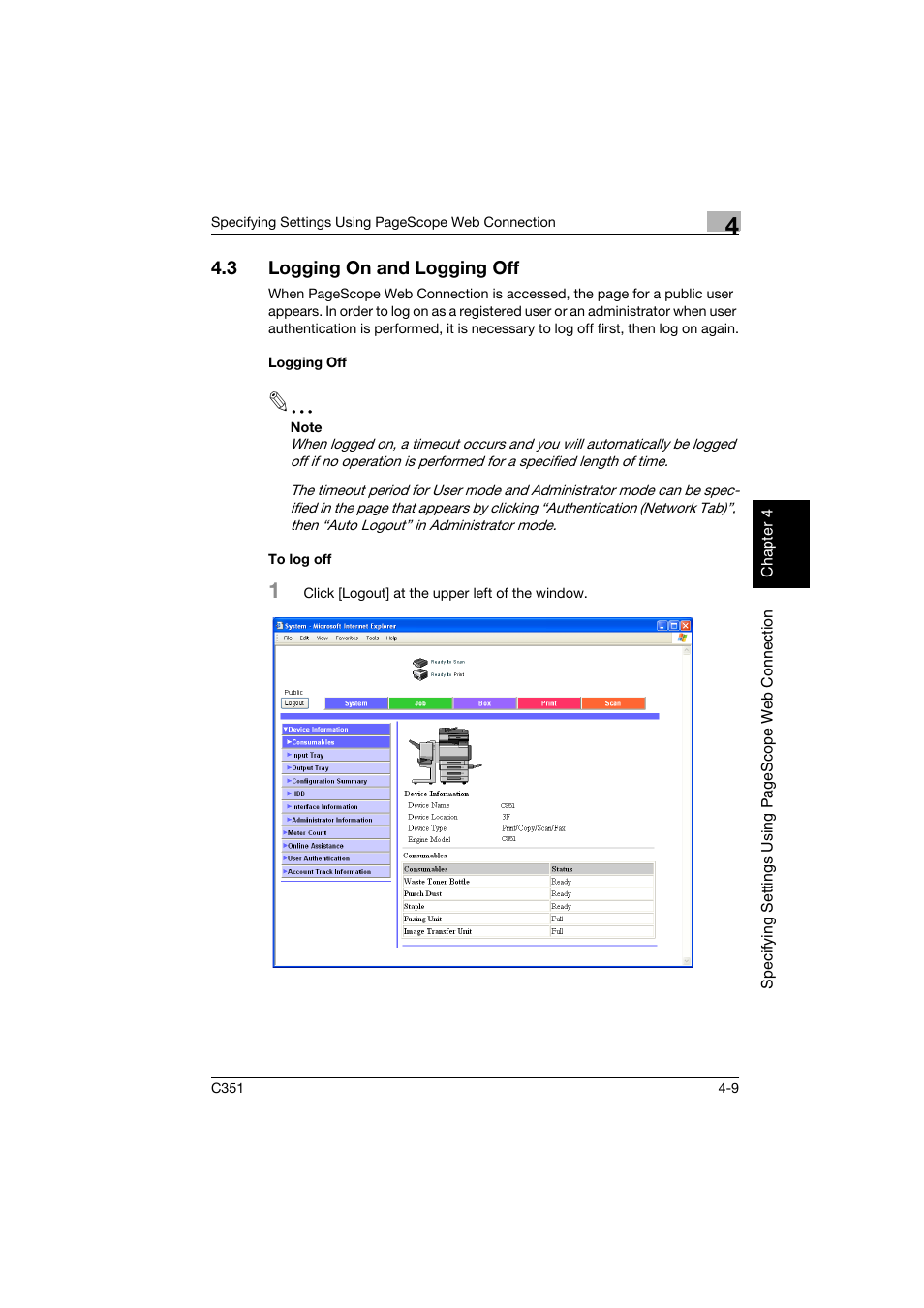 3 logging on and logging off, Logging off, To log off | Logging on and logging off -9, Logging off -9 to log off -9 | Konica Minolta BIZHUB C351 User Manual | Page 268 / 396