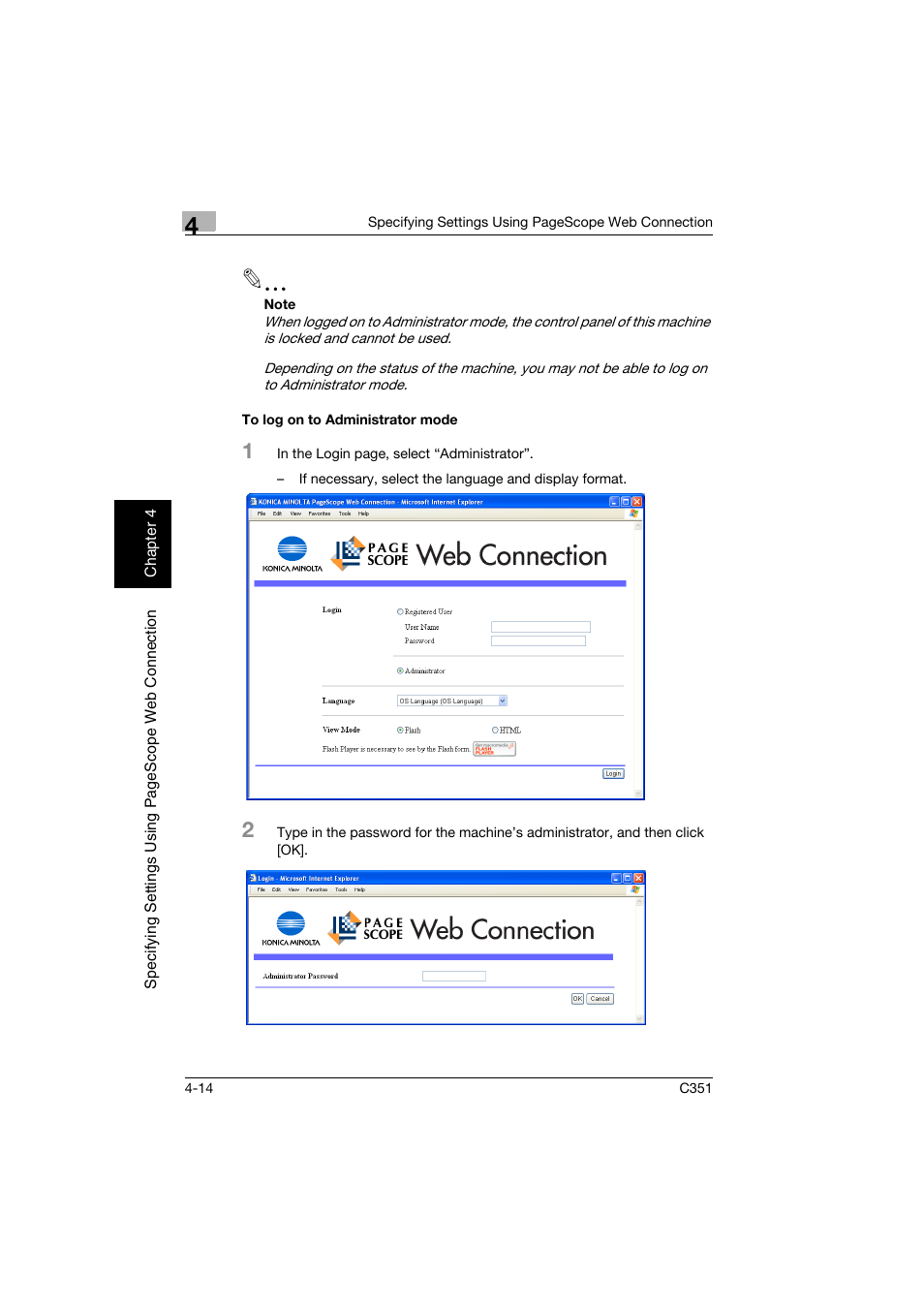 To log on to administrator mode, To log on to administrator mode -14 | Konica Minolta BIZHUB C351 User Manual | Page 273 / 396