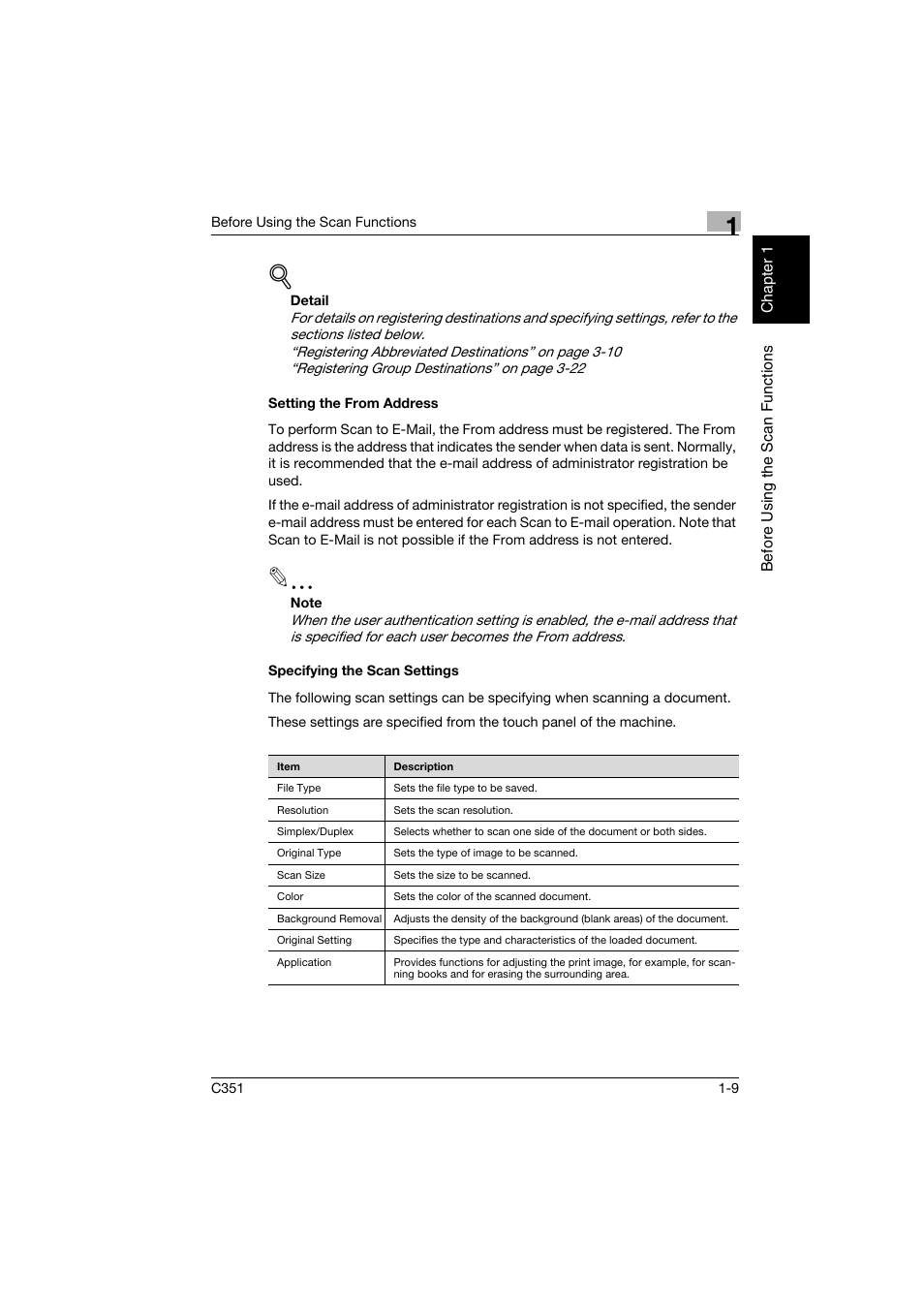 Setting the from address, Specifying the scan settings | Konica Minolta BIZHUB C351 User Manual | Page 28 / 396