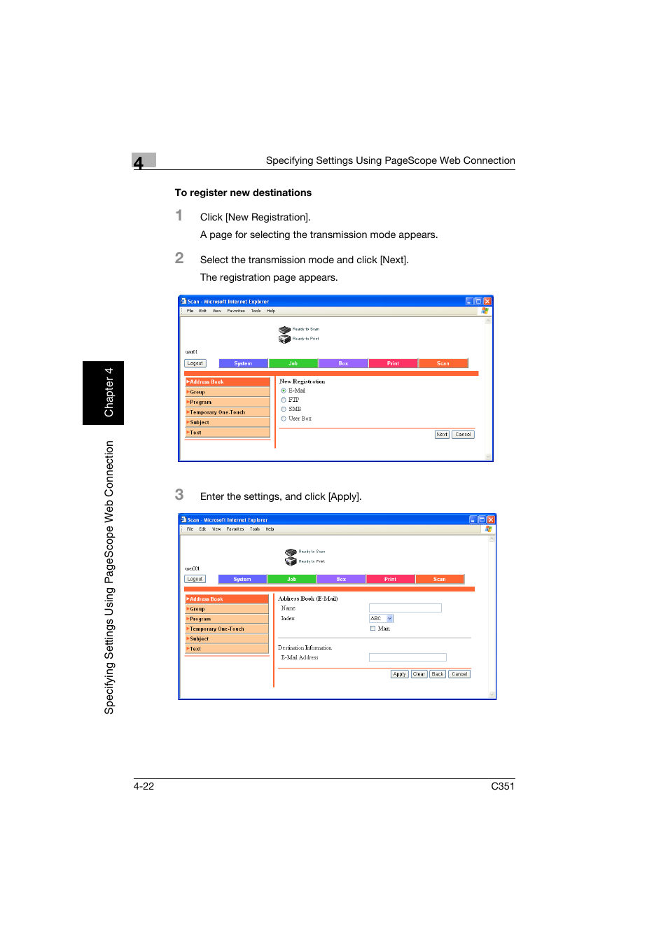 To register new destinations, To register new destinations -22 | Konica Minolta BIZHUB C351 User Manual | Page 281 / 396