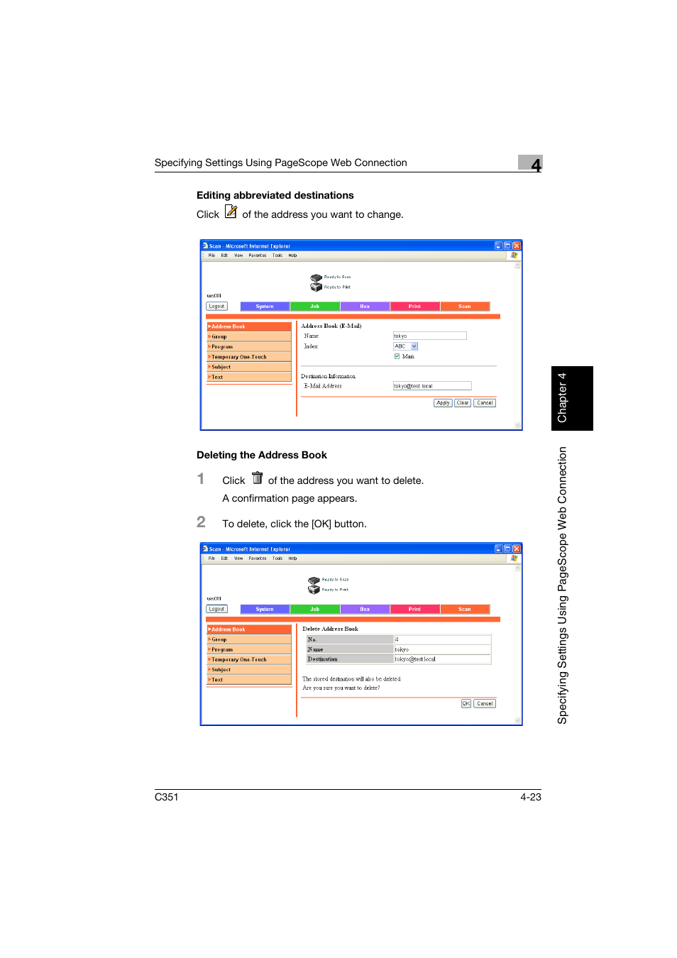 Editing abbreviated destinations, Deleting the address book | Konica Minolta BIZHUB C351 User Manual | Page 282 / 396