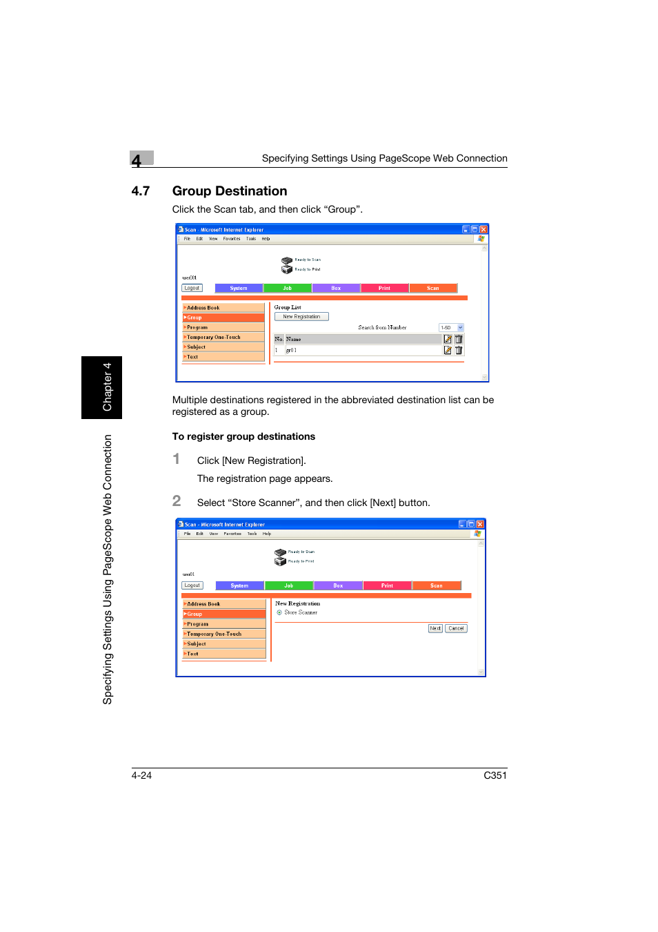 7 group destination, To register group destinations, Group destination -24 | To register group destinations -24 | Konica Minolta BIZHUB C351 User Manual | Page 283 / 396
