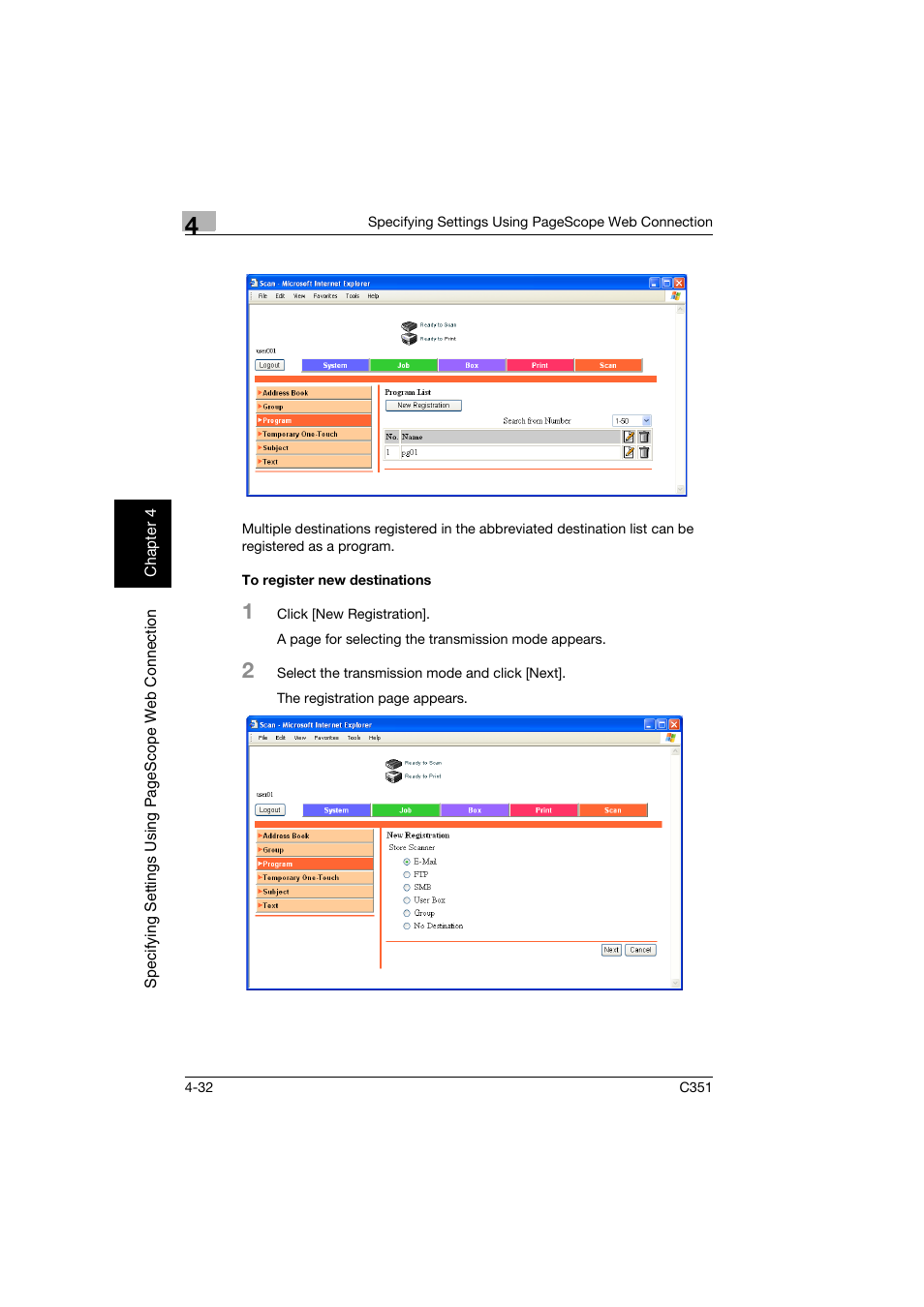 To register new destinations, To register new destinations -32 | Konica Minolta BIZHUB C351 User Manual | Page 291 / 396