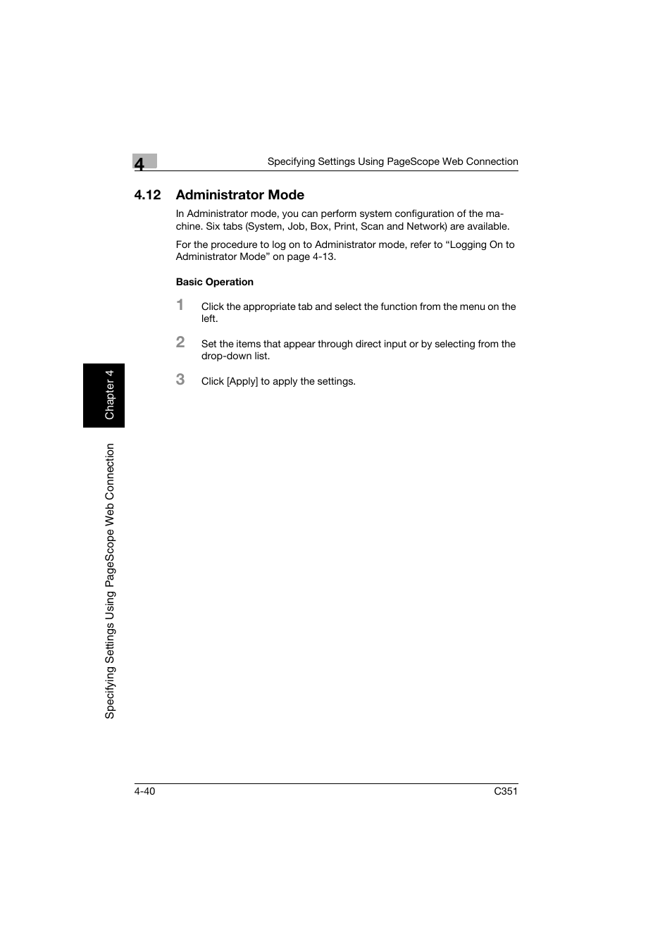 12 administrator mode, Basic operation, Administrator mode -40 | Basic operation -40 | Konica Minolta BIZHUB C351 User Manual | Page 299 / 396