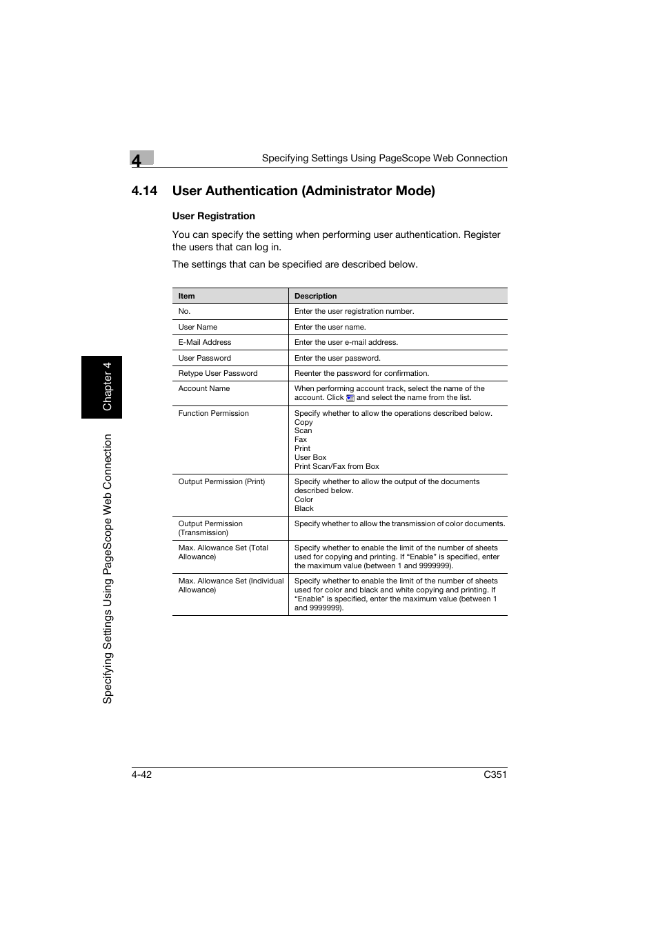 14 user authentication (administrator mode), User registration, User authentication (administrator mode) -42 | User registration -42 | Konica Minolta BIZHUB C351 User Manual | Page 301 / 396