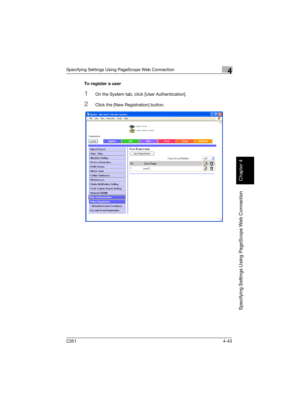 To register a user, To register a user -43 | Konica Minolta BIZHUB C351 User Manual | Page 302 / 396