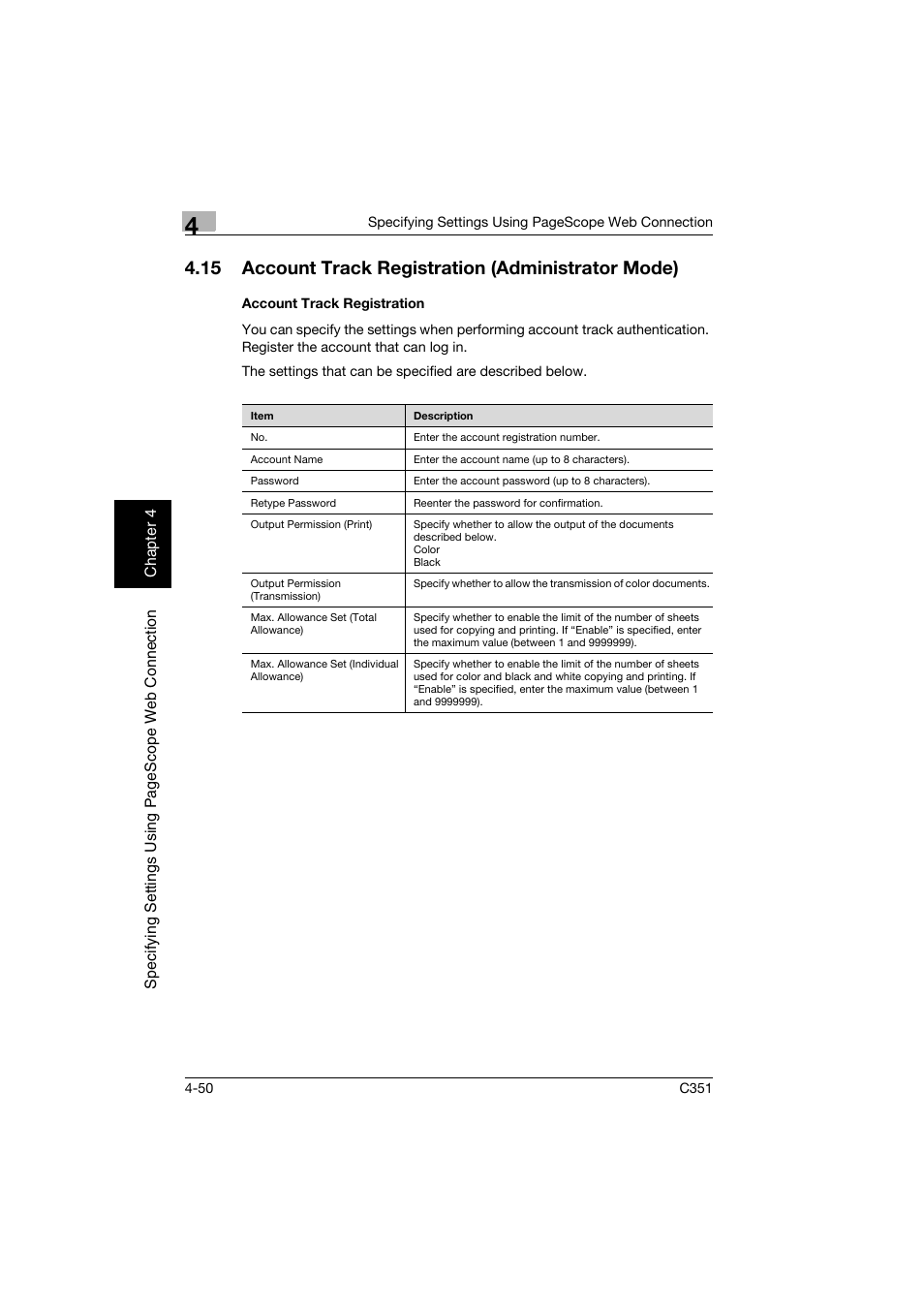 15 account track registration (administrator mode), Account track registration, Account track registration -50 | Konica Minolta BIZHUB C351 User Manual | Page 309 / 396