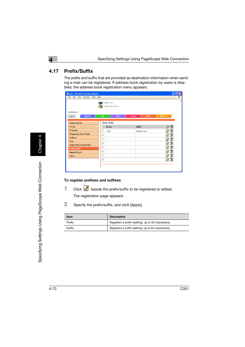 17 prefix/suffix, To register prefixes and suffixes, Prefix/suffix -72 | To register prefixes and suffixes -72 | Konica Minolta BIZHUB C351 User Manual | Page 331 / 396