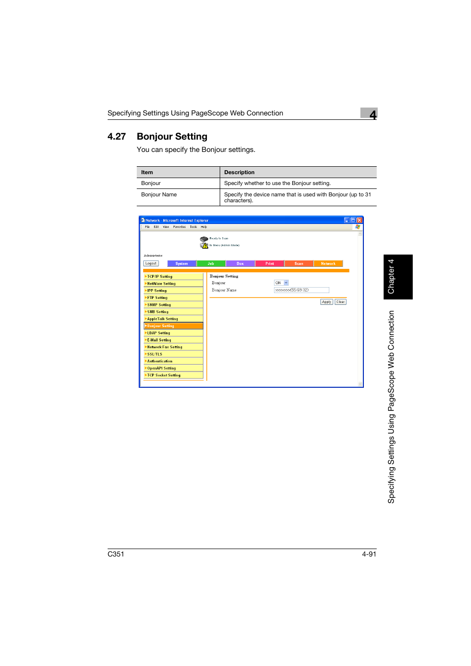 27 bonjour setting, Bonjour setting -91 | Konica Minolta BIZHUB C351 User Manual | Page 350 / 396