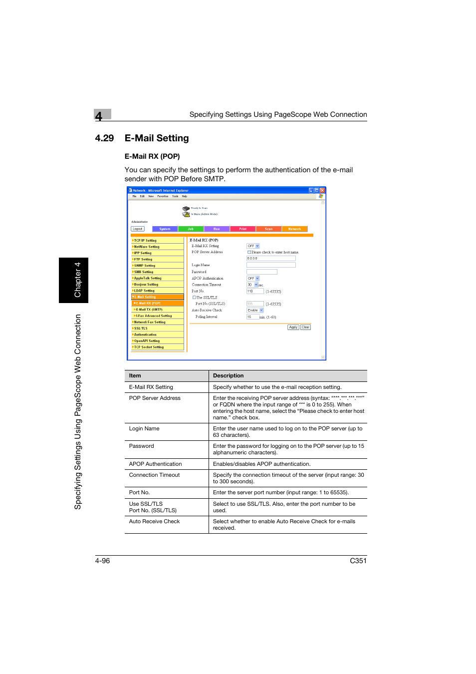 29 e-mail setting, E-mail rx (pop), E-mail setting -96 | E-mail rx (pop) -96 | Konica Minolta BIZHUB C351 User Manual | Page 355 / 396