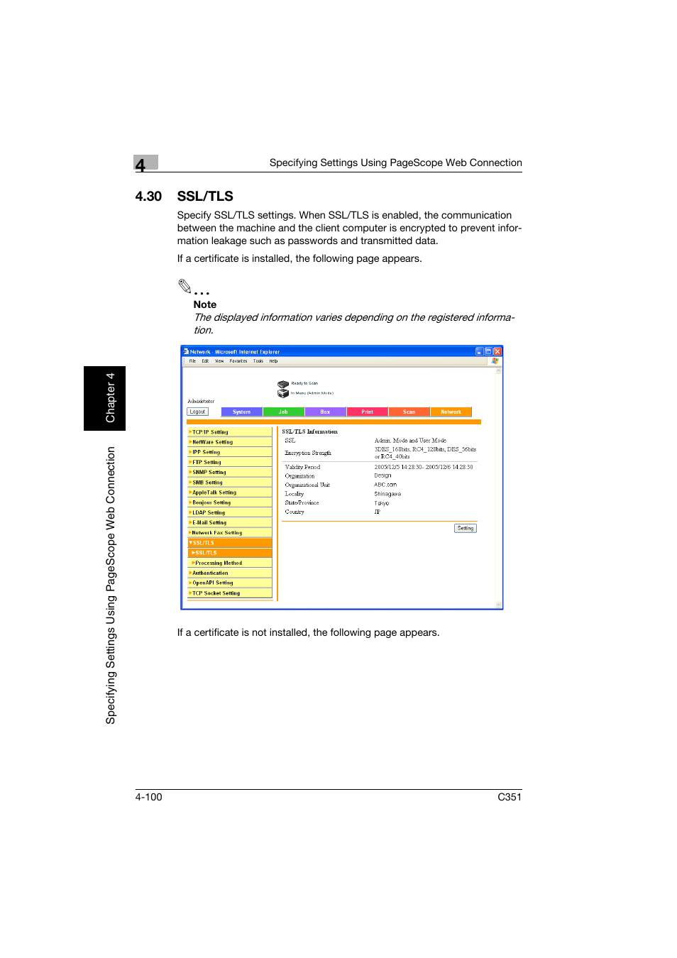 30 ssl/tls, Ssl/tls -100 | Konica Minolta BIZHUB C351 User Manual | Page 359 / 396